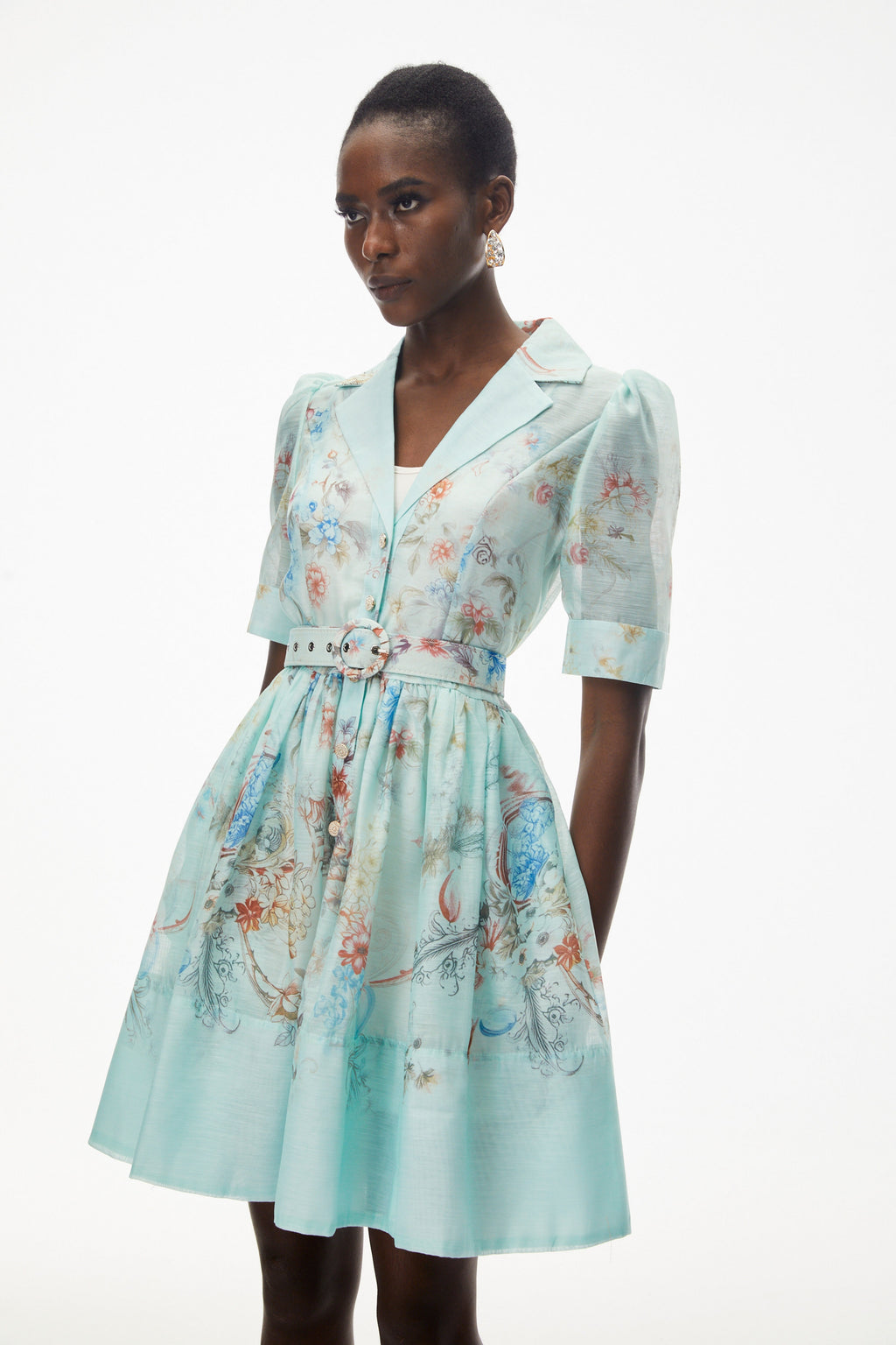 Leila Mint Green Floral Print Mini Shirt Dress Flowering Girl