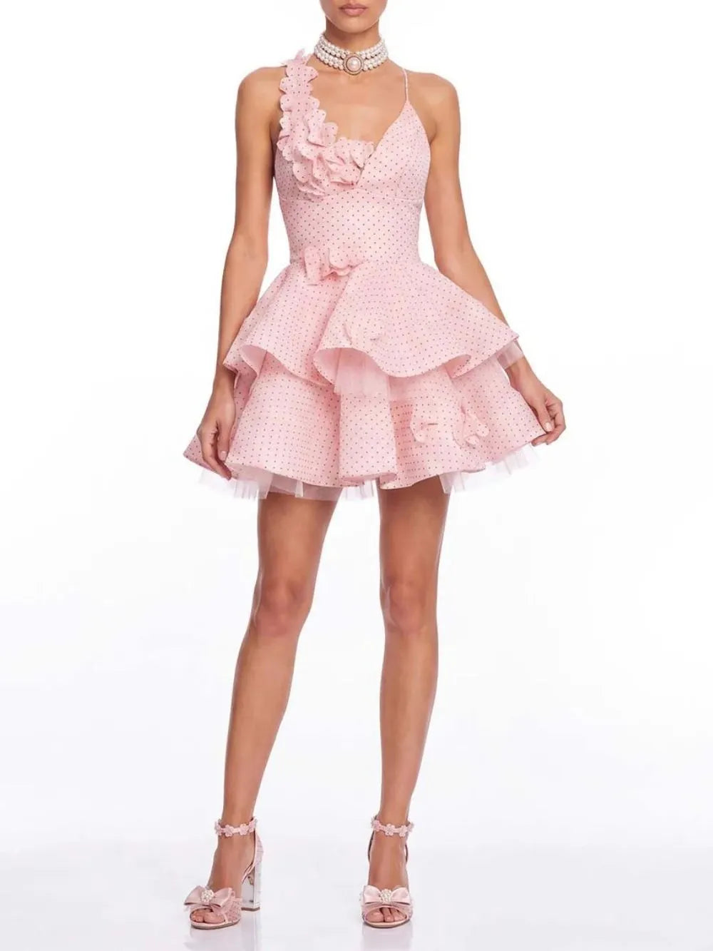 Xexis V Neck Tiered Dot Mini Dress Flowering Girl