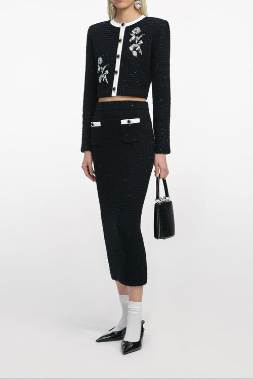 Black Textured Knit Midi Skirt Flowering Girl