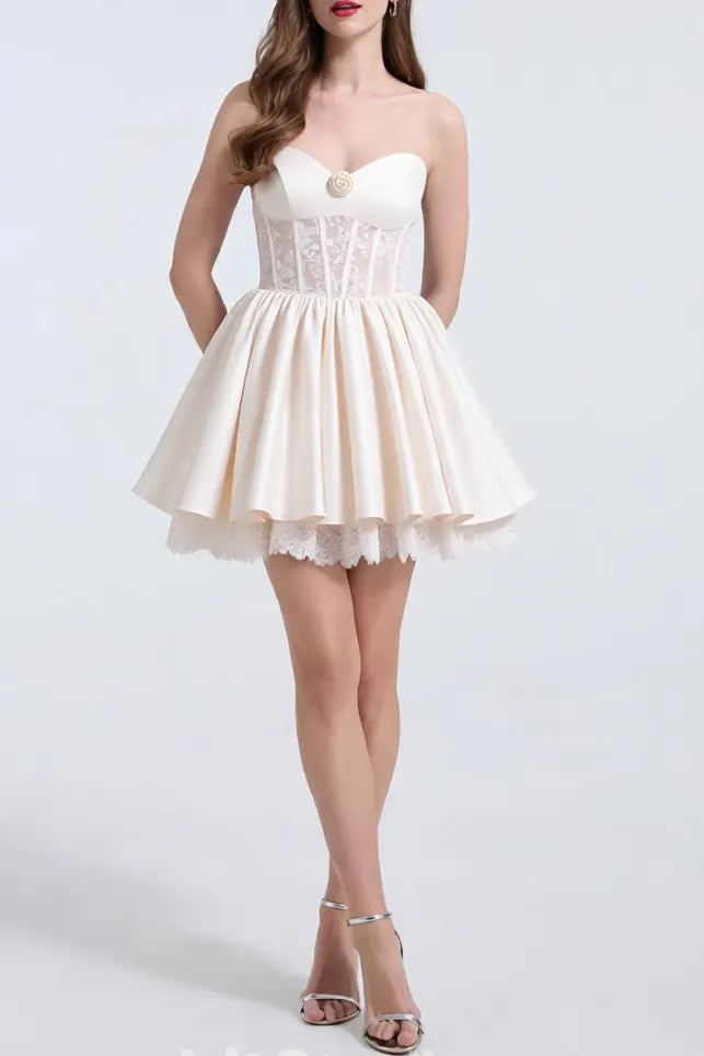 Helen White Flower Strapless Lace Satin Mini Dress Flowering Girl