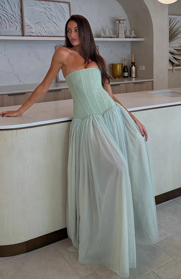 Sabrina Tulle Strapless Maxi Dress - Green Flowering Girl