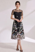 Black Floral Embroidery A-Line Midi Dress with Sheer Mesh Overlay Flowering Girl