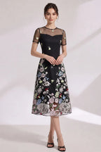 Black Floral Embroidery A-Line Midi Dress with Sheer Mesh Overlay Flowering Girl