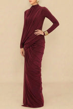 Liz High Neck Asymmetric Drape Ruched Maxi Dress In Burgundy Flowering Girl