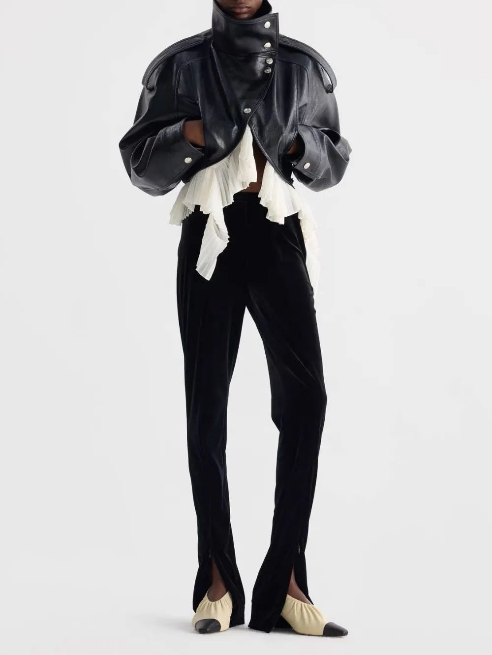 Maysa Black PU Leather Ruffle Jacket Flowering Girl
