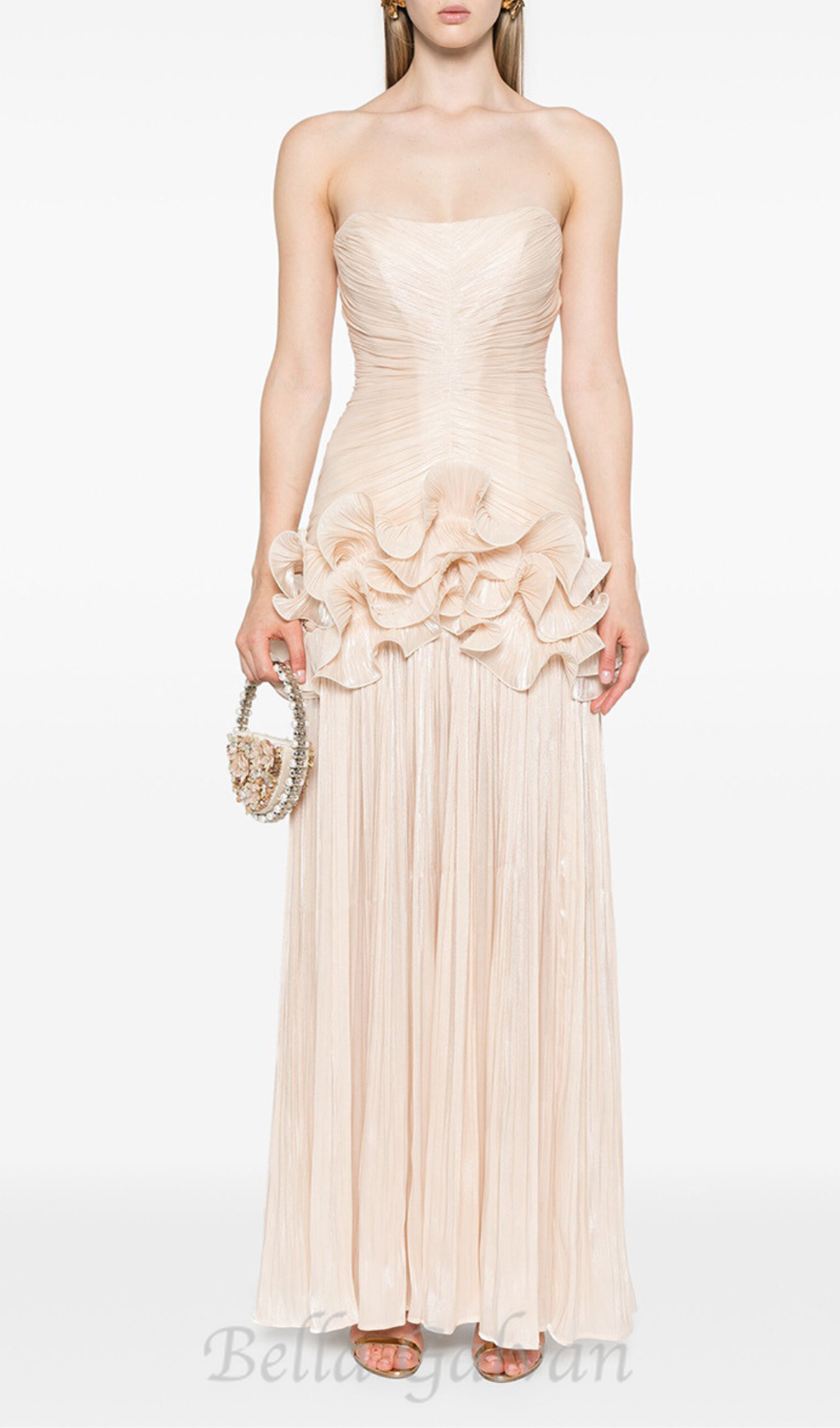 ruffle-embellished pleated maxi dress in apricot Flowering Girl