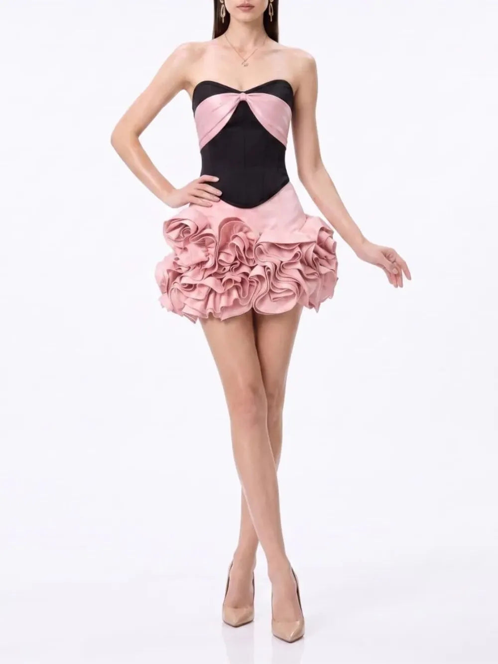 Jorvani Strapless Flower Skirt Set In Pink Flowering Girl