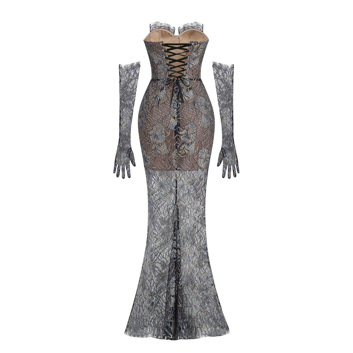 Shnovia Blue Strapless Embroidered Lace Maxi Dress With Gloves Flowering Girl