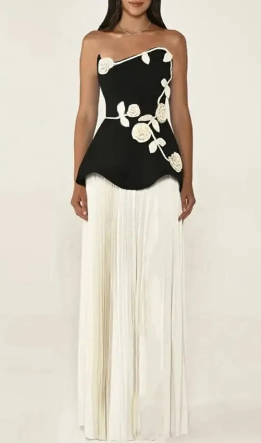 Strapless 3D Rose Appliqué Peplum Maxi Dress Flowering Girl
