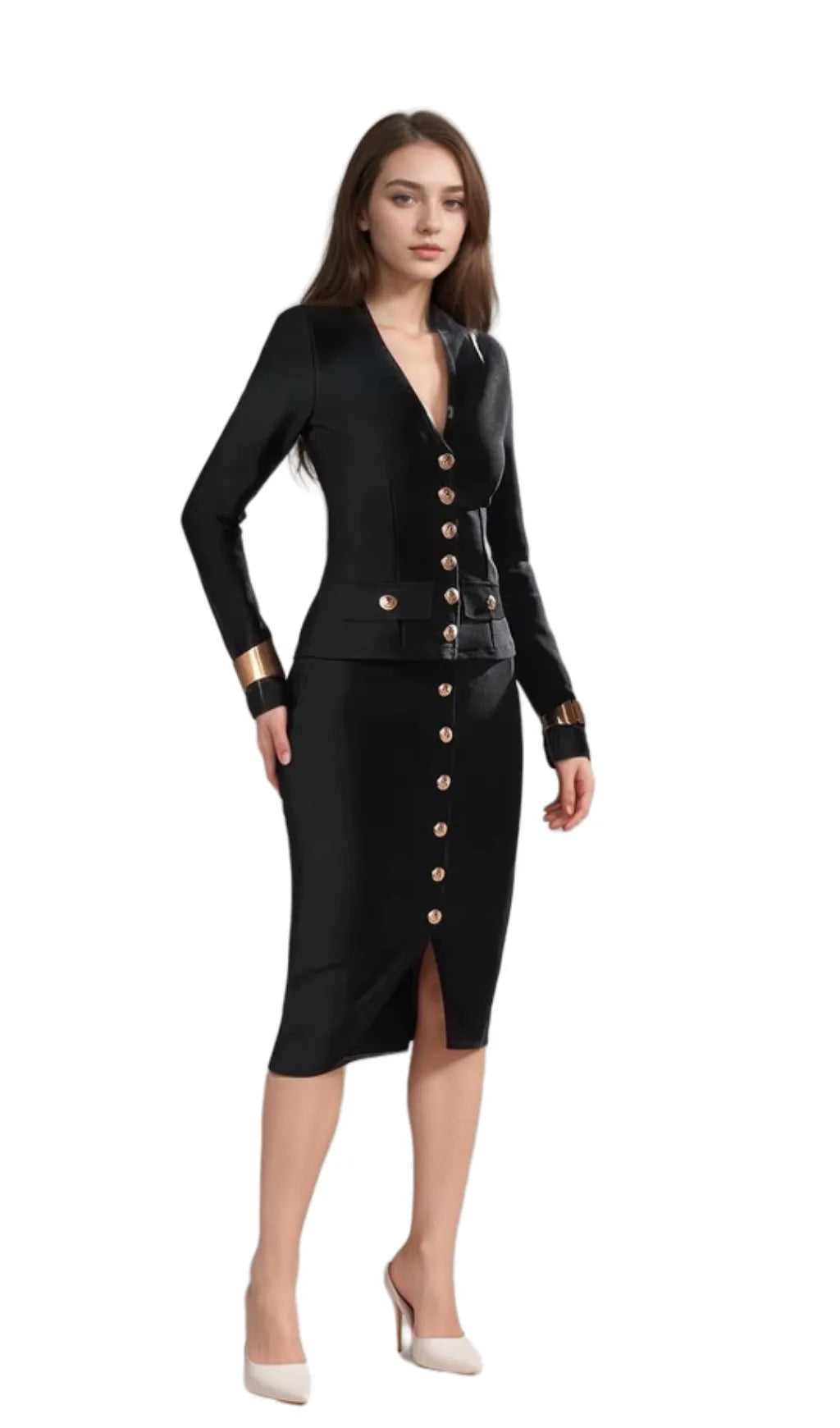 bonnie Long Sleeve Single Breasted Bandage Set in black Flowering Girl