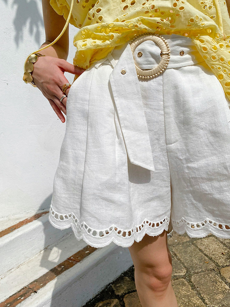 White Cotton Linen Shorts Pants Flowering Girl