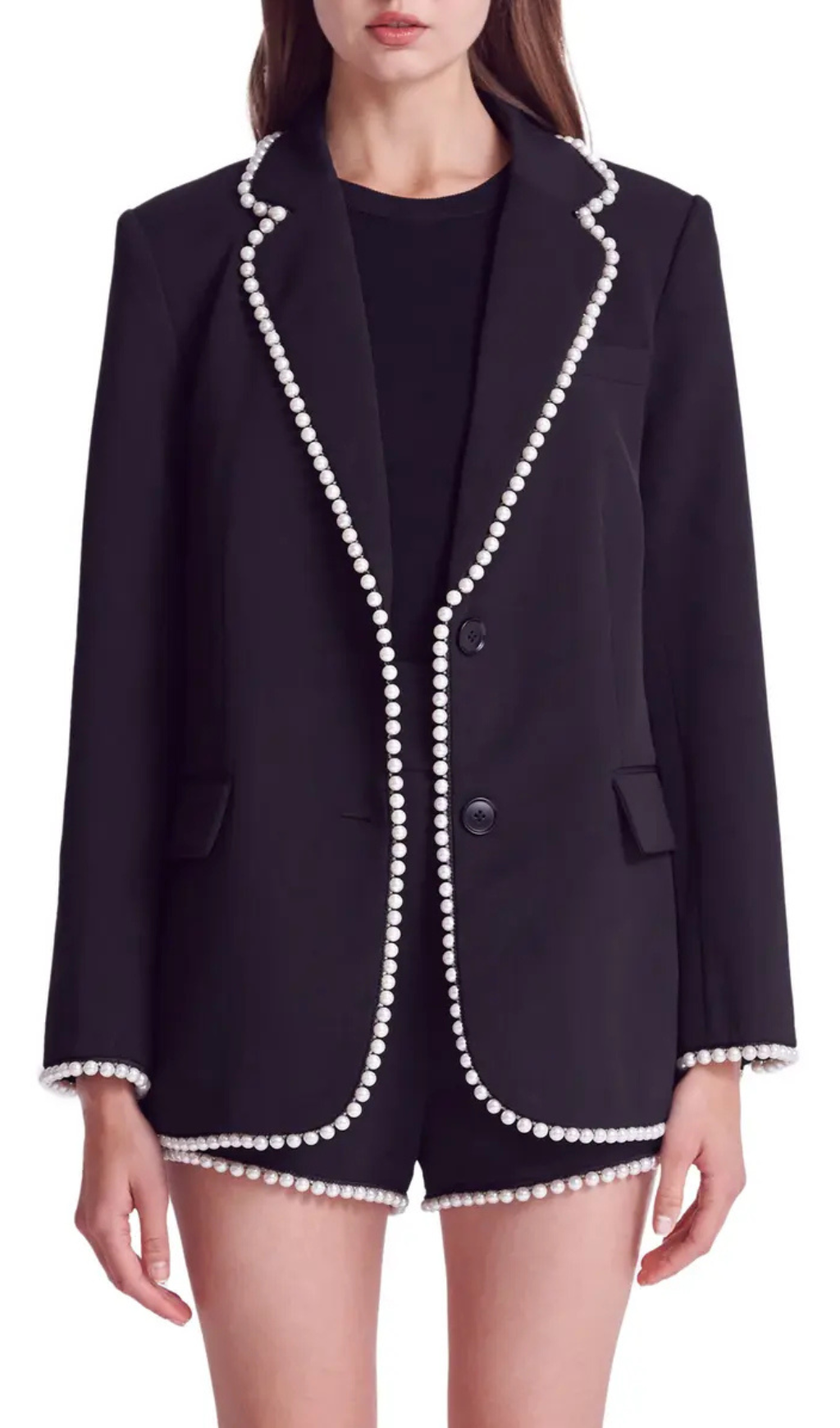Imitation Pearl Trim Blazer In Black Flowering Girl