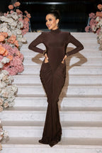 Jacqueline Turtleneck Long Sleeve Cutout Bodycon Gown In Brown Flowering Girl