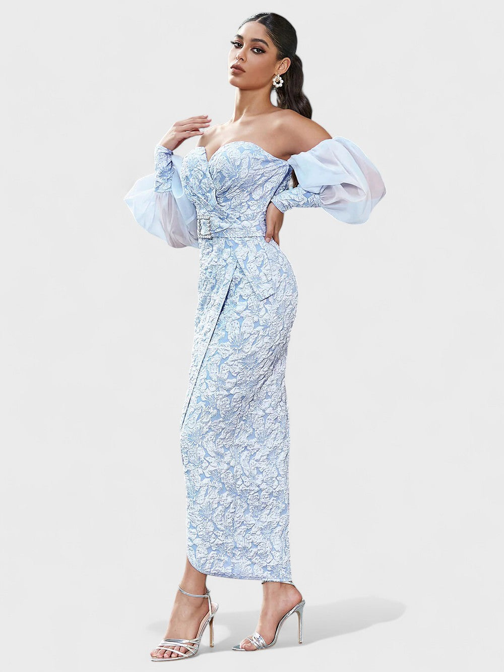 Izobel Off-Shoulder Embroidered Midi Dress – Icy Blue Flowering Girl
