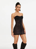 Elaine Lace-Trim Mesh Strapless Mini Dress In Black Flowering Girl