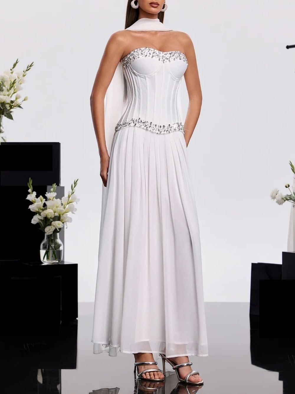 Zeldran Scarf Strapless Crystal Maxi Dress Flowering Girl