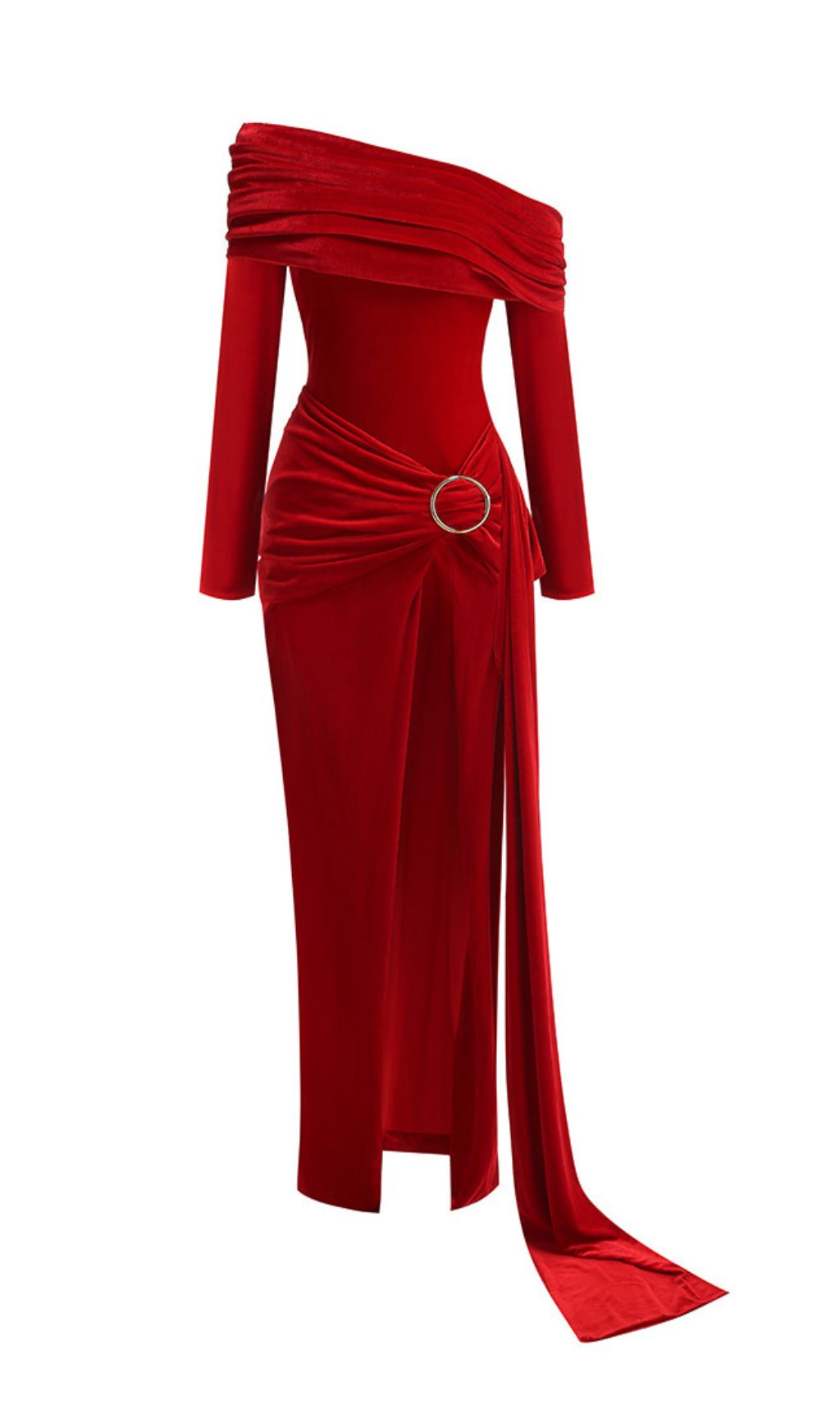 Jahanna Red Long Sleeve Ruched Velvet Maxi Dress Flowering Girl