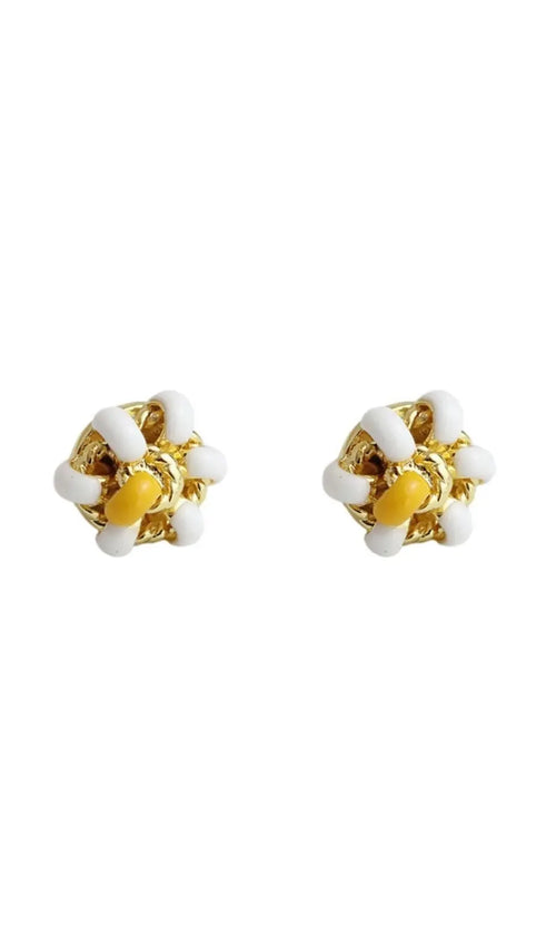 18K Gold Enamel Flower Ear Studs - White Flowering Girl