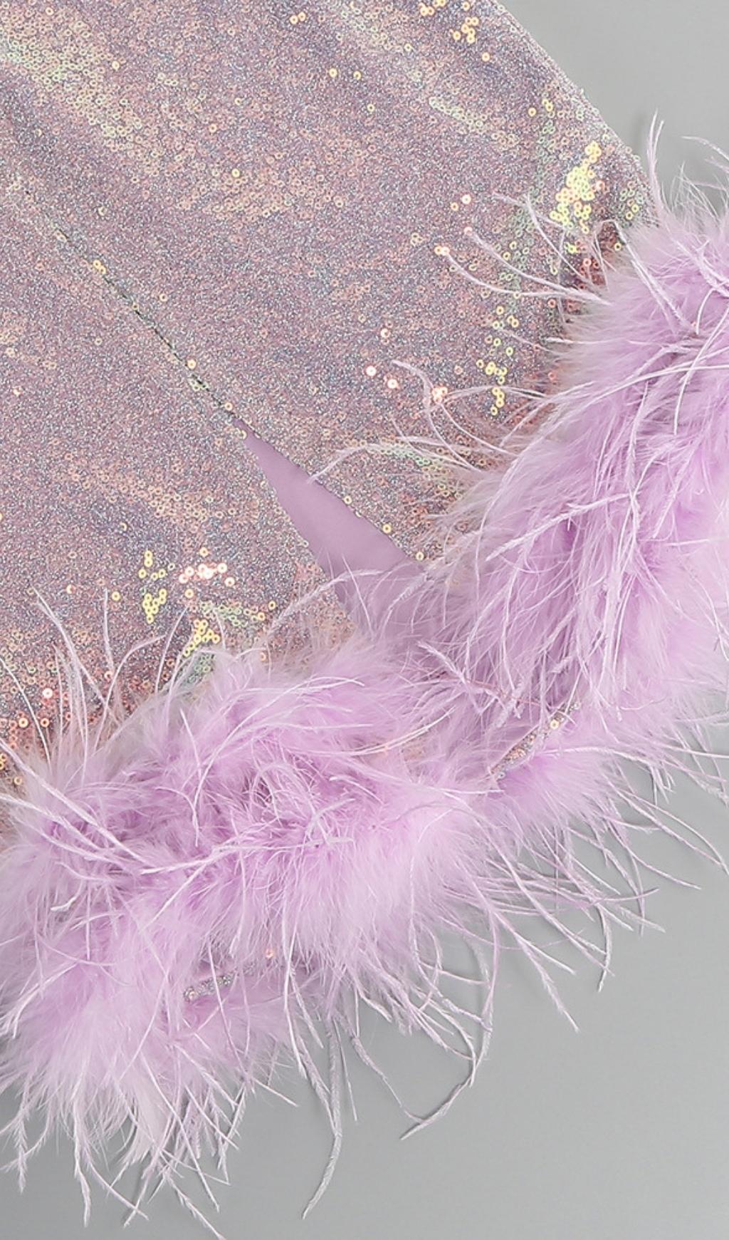 Feather Sequin Midi Dress In Purple Flowering Girl