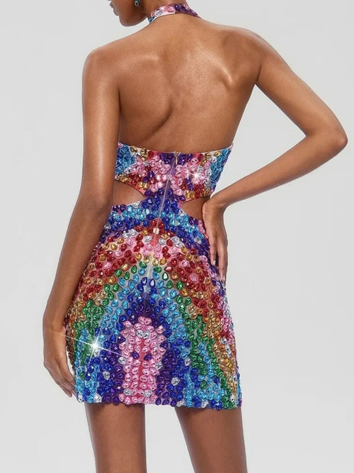 Arqelis Plunge Neck Crystal Cutout Mini Dress Flowering Girl