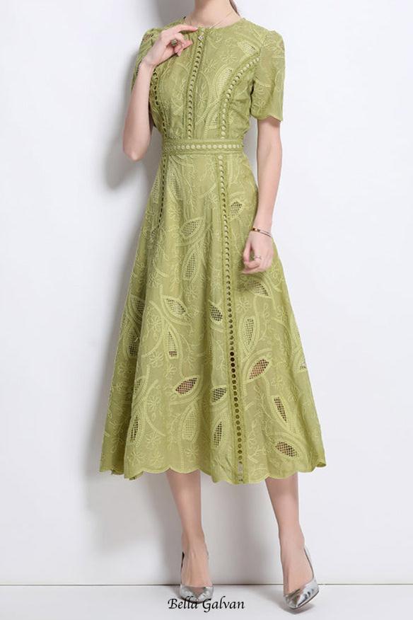 dana hollow embroidery lace midi dress in green Flowering Girl