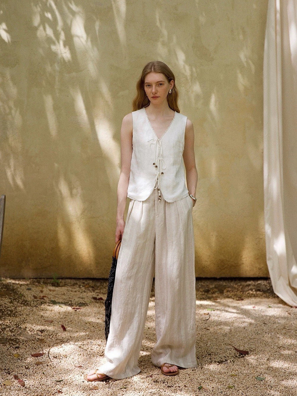 Beaded Linen Lace-Up Access Vest Flowering Girl