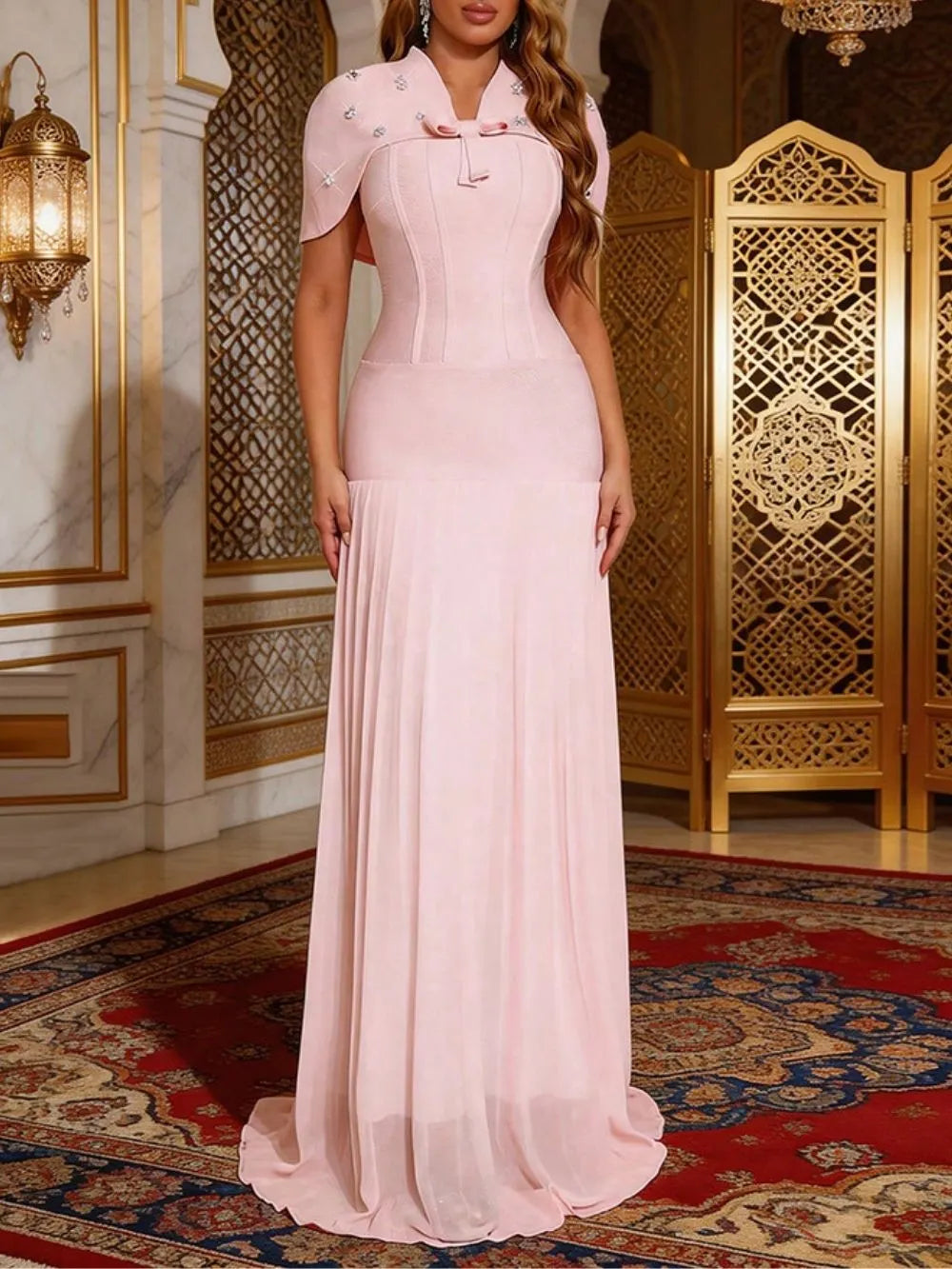 Makiko Pink Bandage Maxi Dress With Beaded Cape Flowering Girl