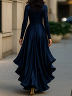 Midnight Blue Draped Satin Maxi Dress With Ruffle Details Flowering Girl