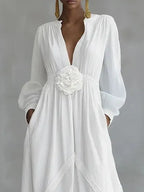 White Deep V-neck Three-dimensional Floral Maxi Dress Flowering Girl