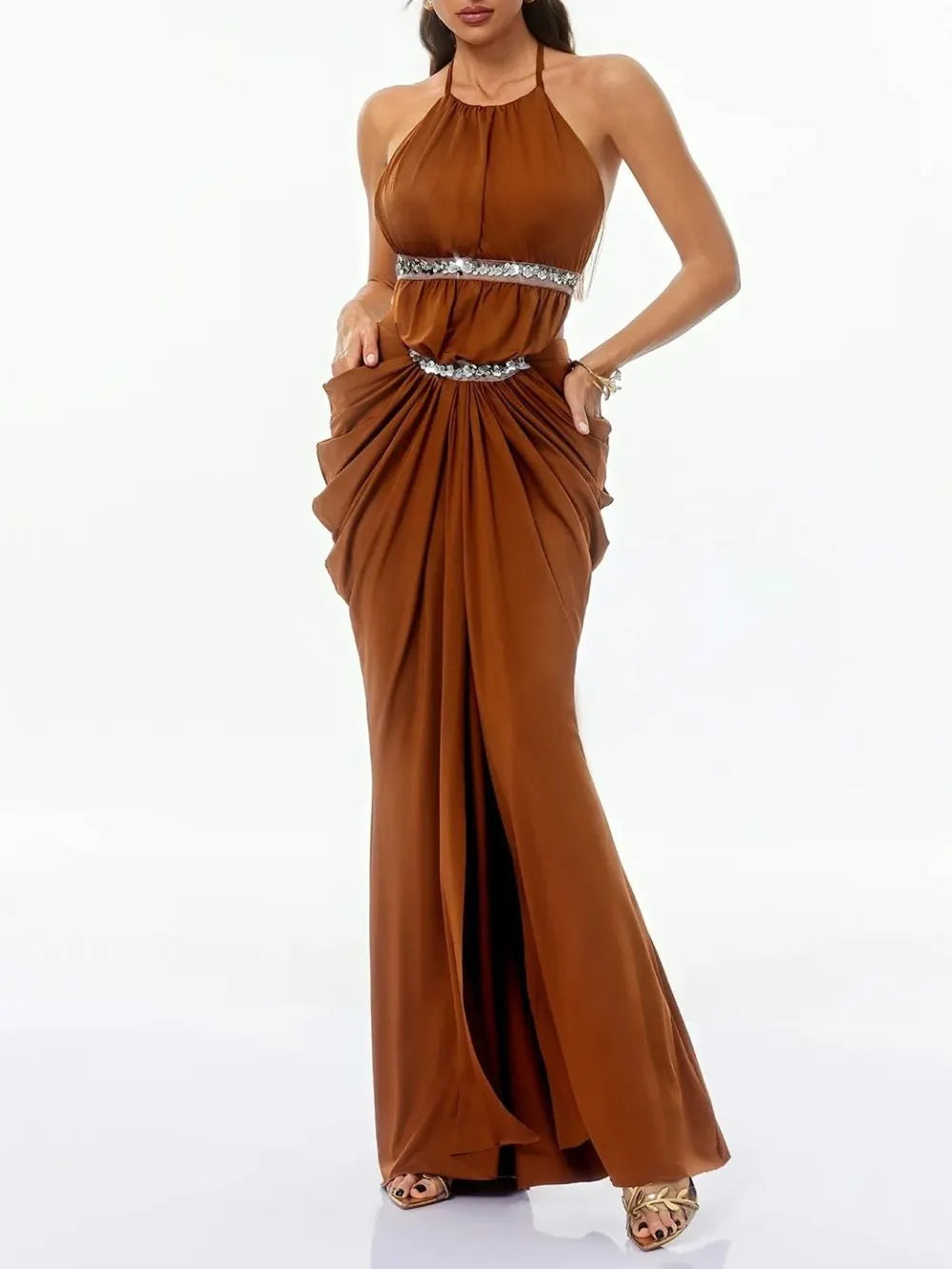 Haxorin Halterneck Sequin Ruched Maxi Dress Flowering Girl