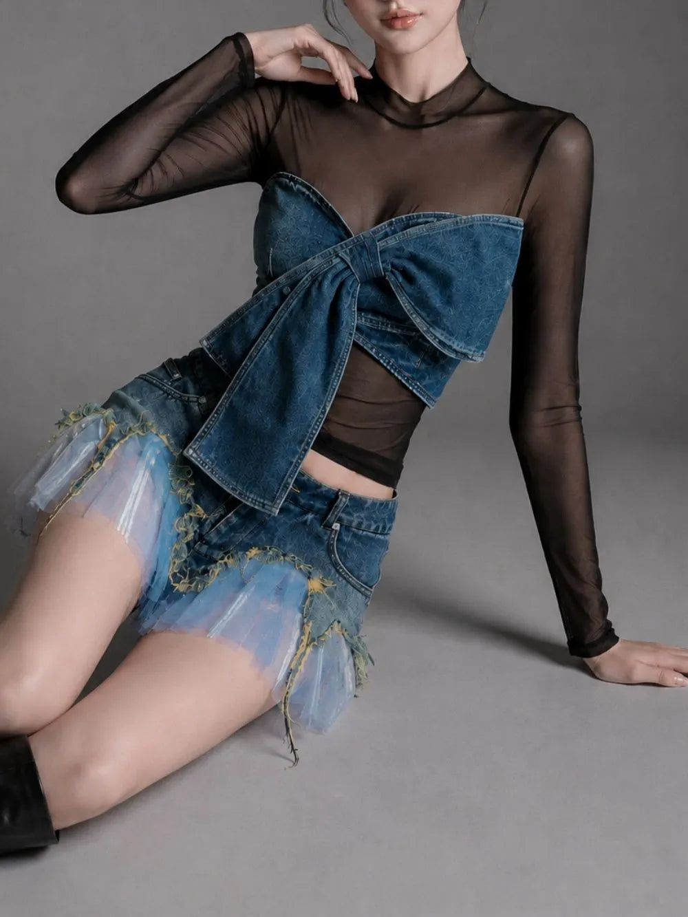 Maven Black Mesh Denim Bow Top Flowering Girl