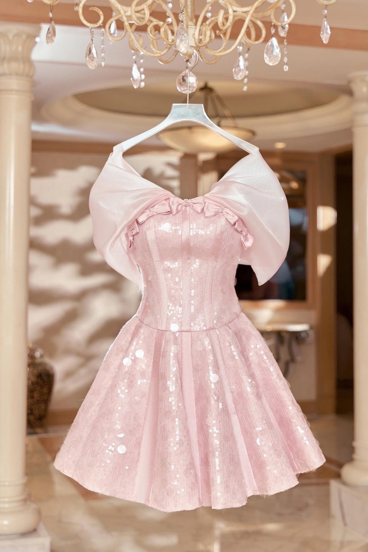 Strapless Sequin Mini Dress In Pink Flowering Girl