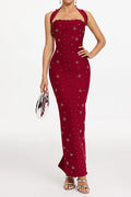 Elvira Halterneck Pearl Bandage Midi Dress In Red Flowering Girl