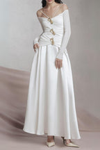 White A-Line Cold Shoulder Sleeved Spandex Taffeta Maxi Dress Flowering Girl