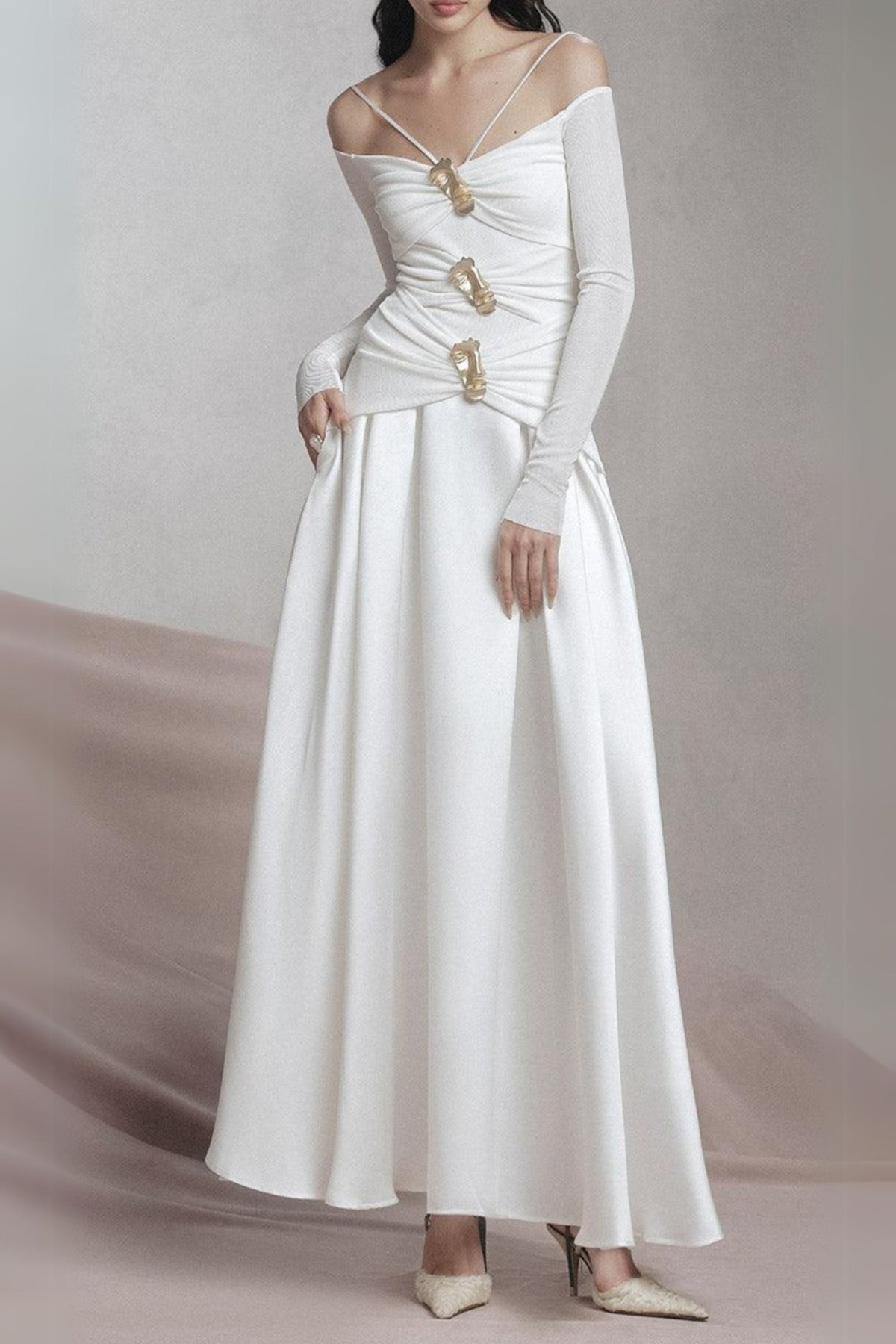 White A-Line Cold Shoulder Sleeved Spandex Taffeta Maxi Dress Flowering Girl