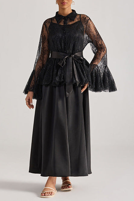 Tiffany Black Lace Bell-Sleeve Ruffle Embroidered Top Maxi Dress Set Flowering Girl