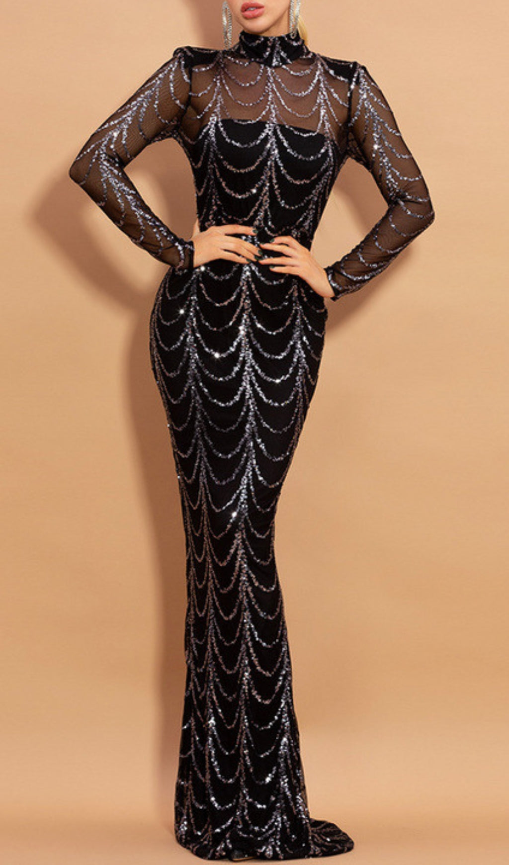 Bethia Black Sequin Mesh Sleeve Maxi Dress Flowering Girl