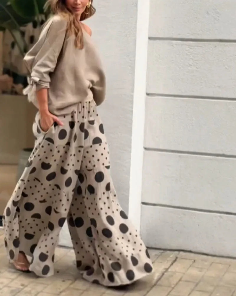 Casual Shoulder Top & Printed Pants Two-Piece Set Flowering Girl