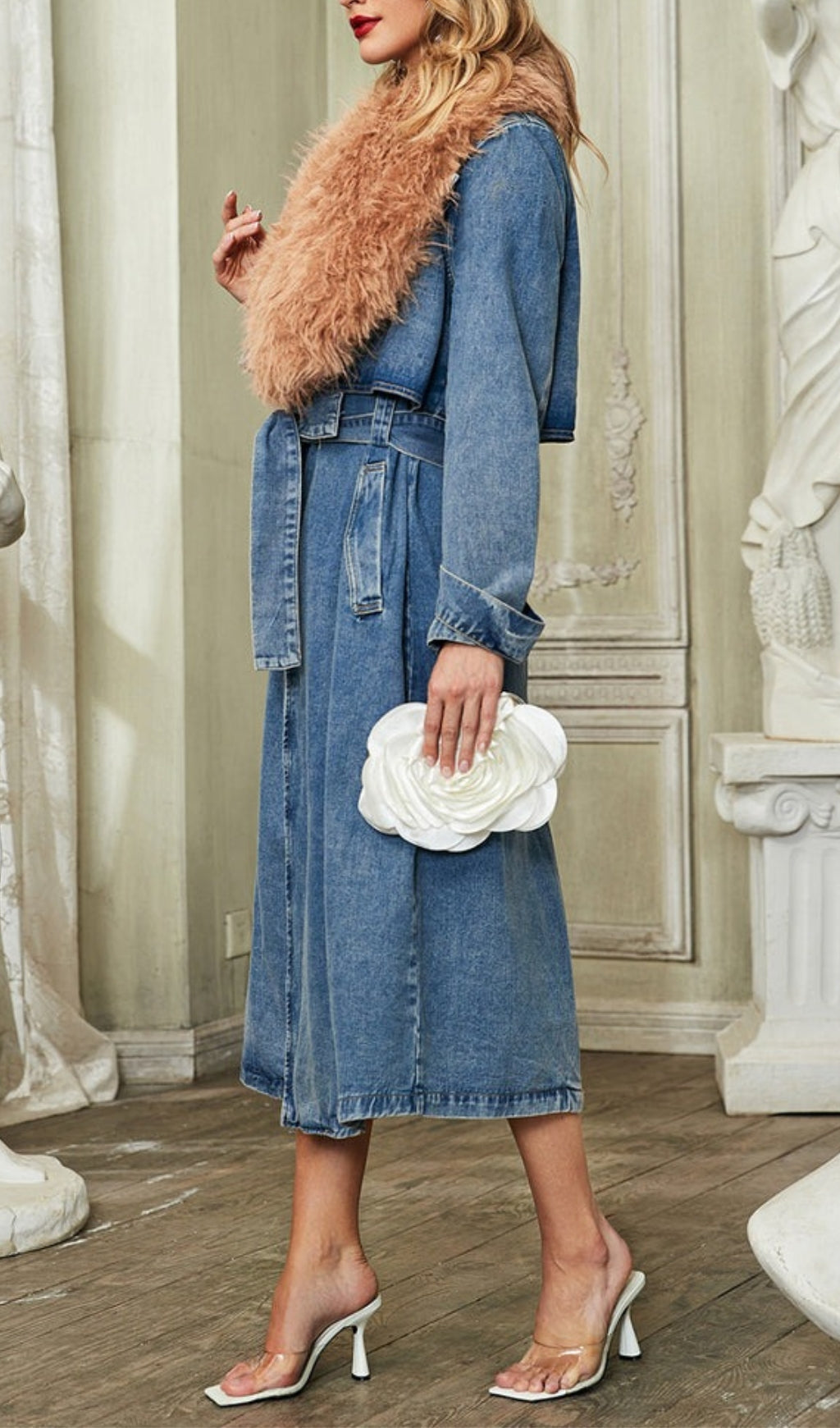 Adel Faux Fur Collar Denim Coat Flowering Girl