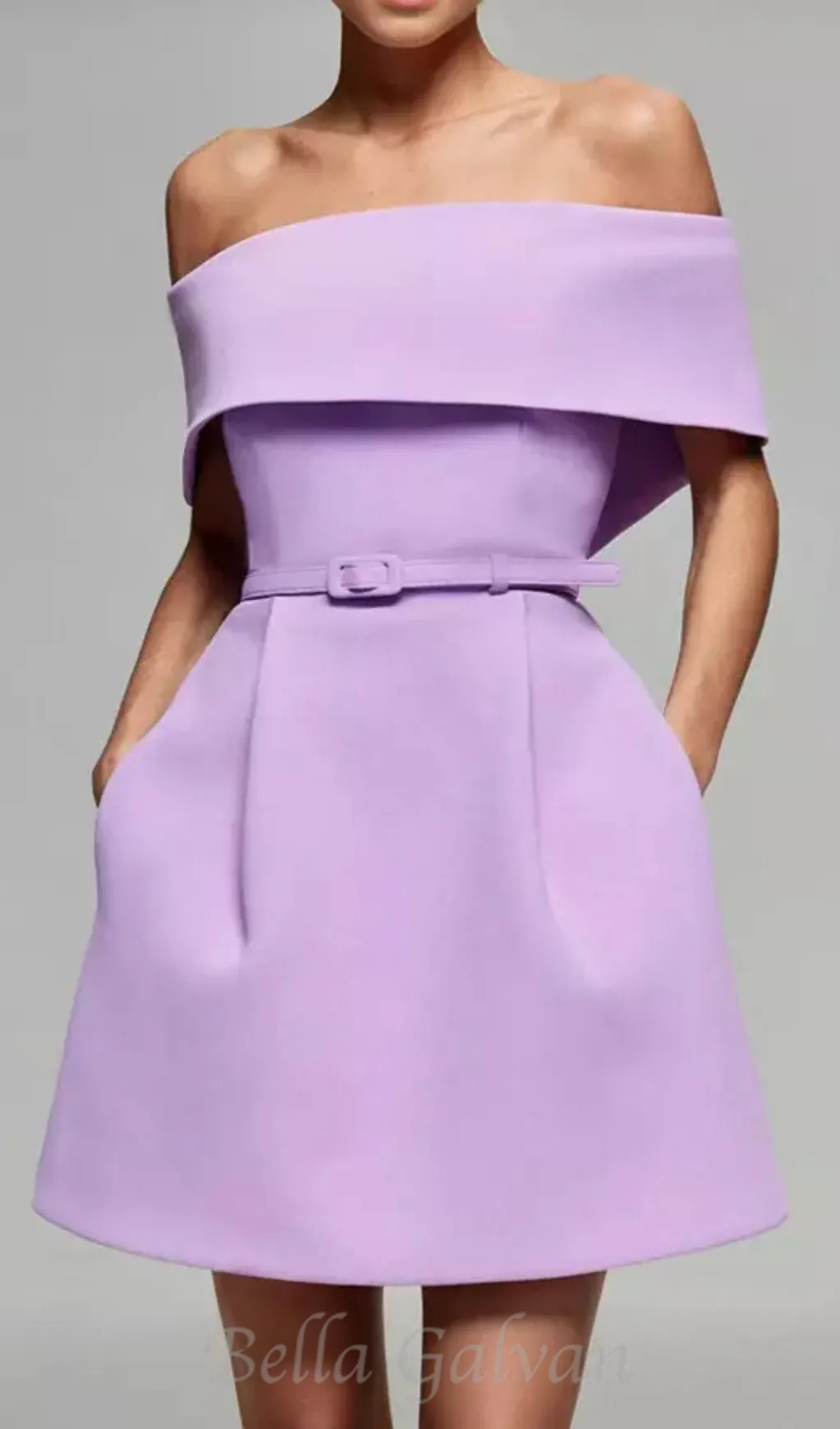 belted off-shoulder a-line mini dress in purple Flowering Girl