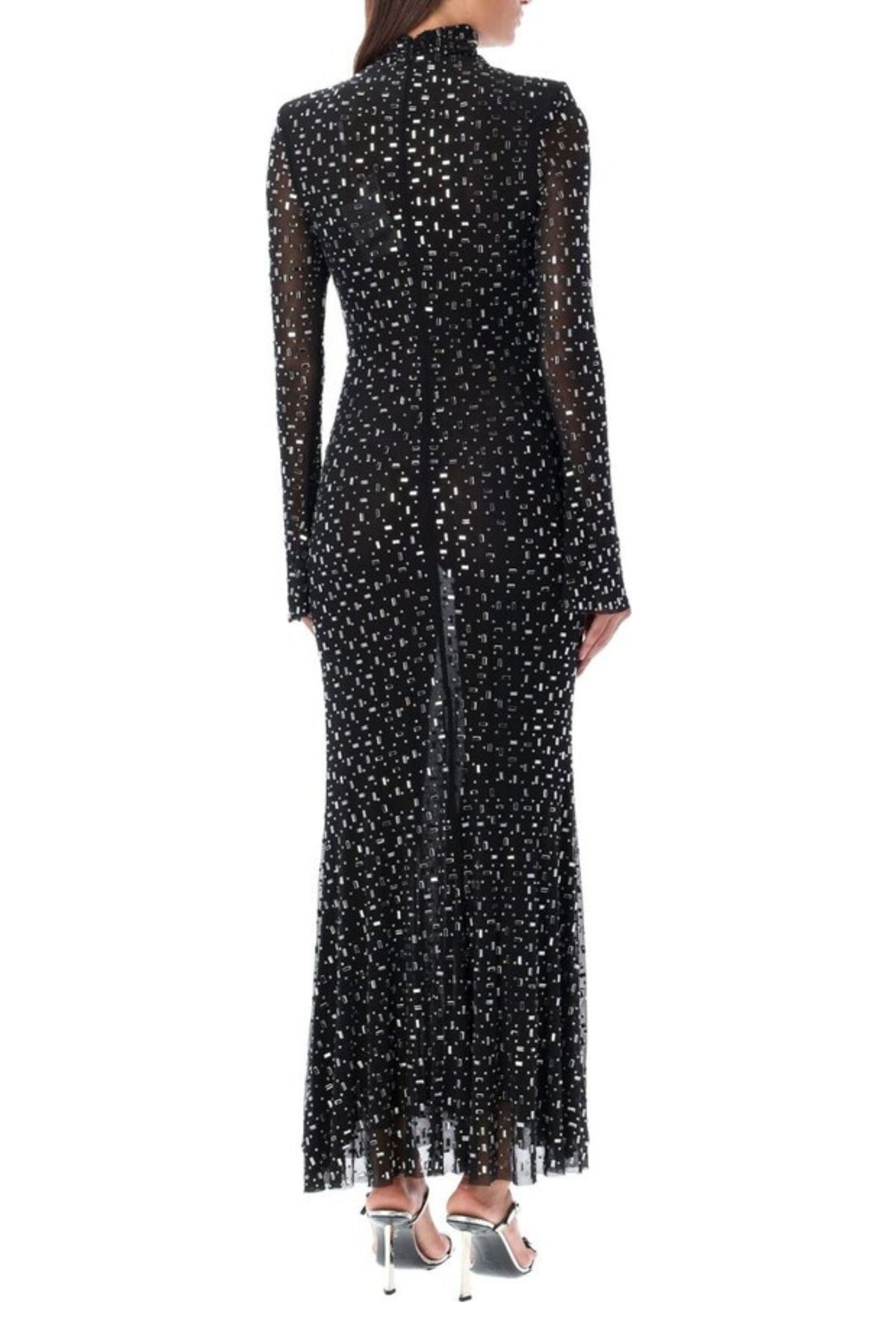 Crystal Embellished Mesh Midi Dress In Black Flowering Girl