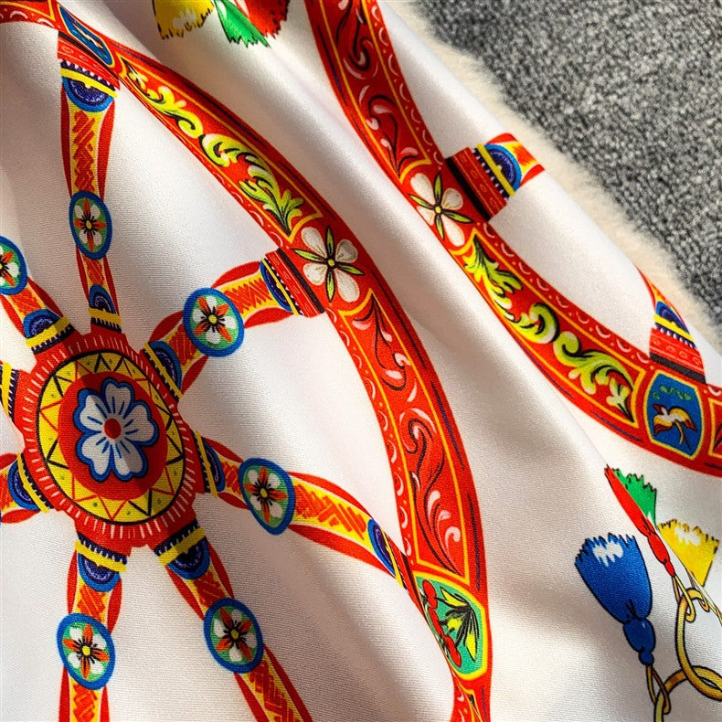 White Cotton Poplin Fit-and-Flare Midi Dress with Sicilian Carretto Print Flowering Girl