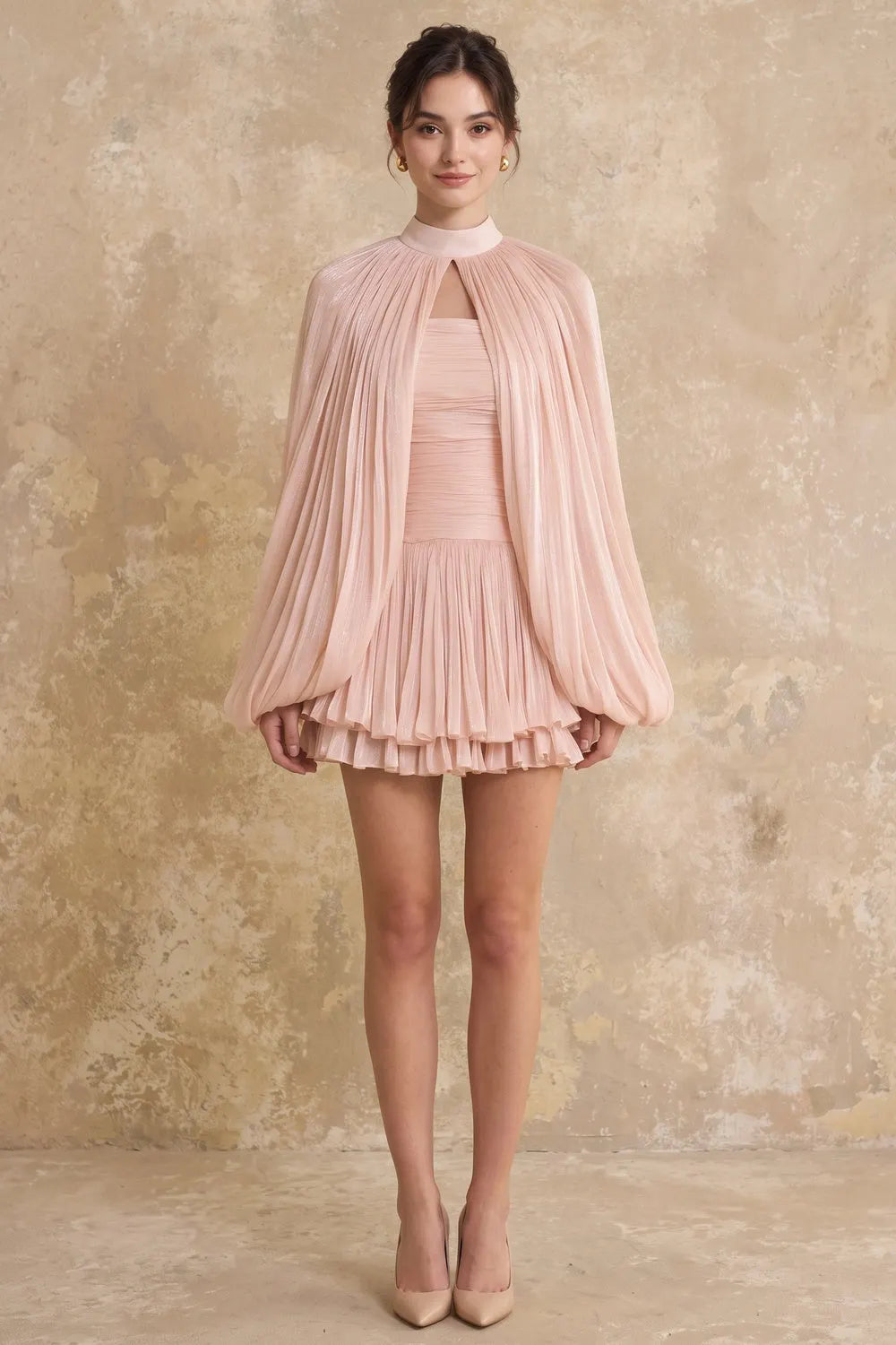 Blush Pink Chiffon Mini Dress with Integrated Cape Flowering Girl