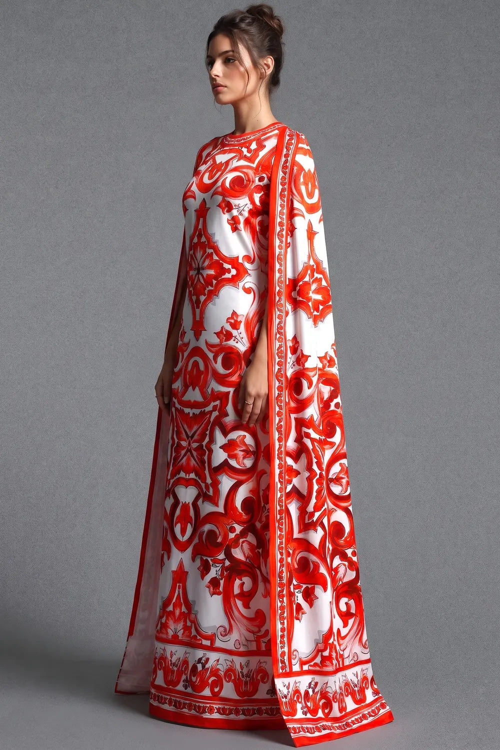 White Majolica Tile Print Cape Dress Flowering Girl