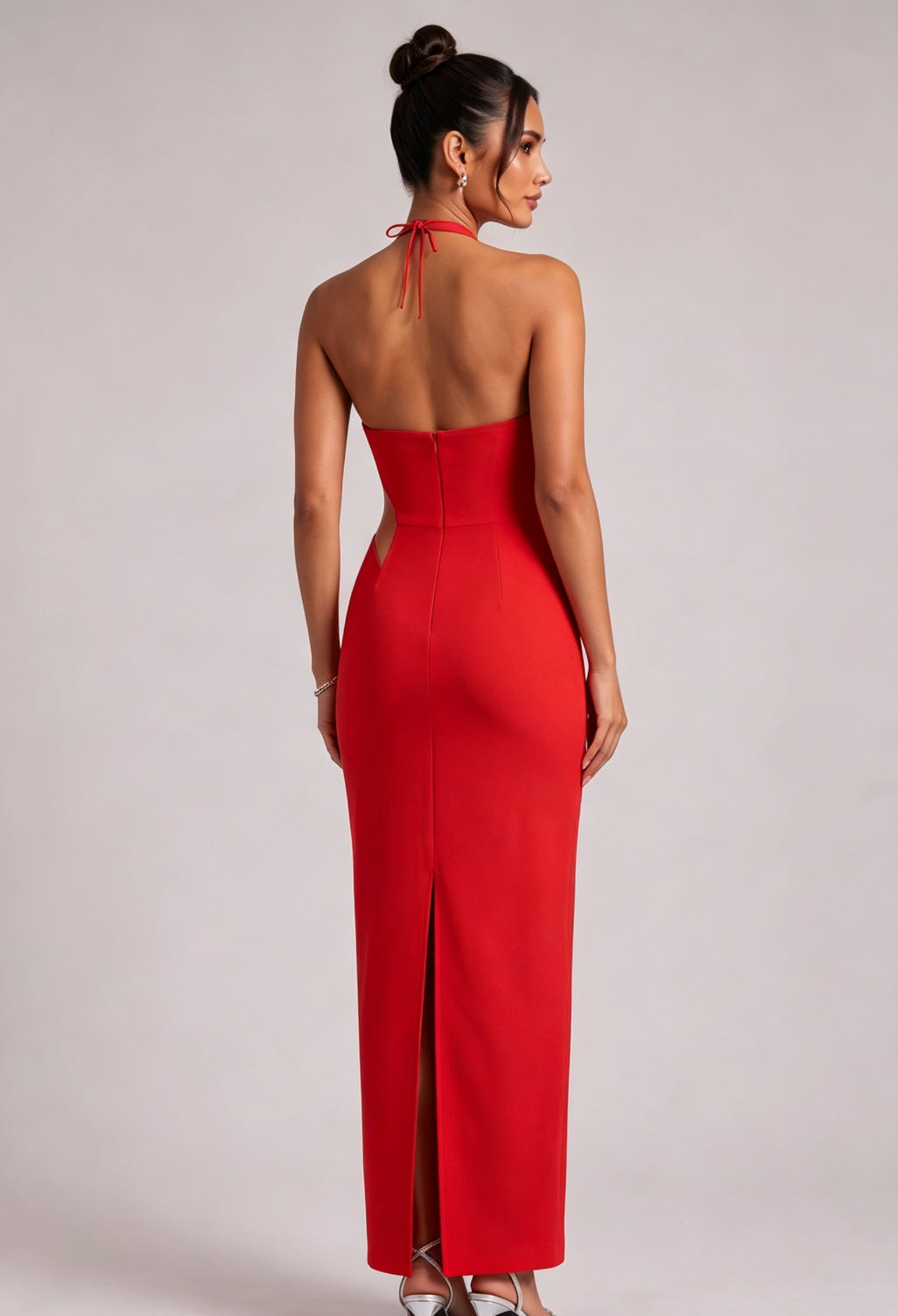Red Halter Neck Evening Gown with Silver Floral Embellishments Flowering Girl