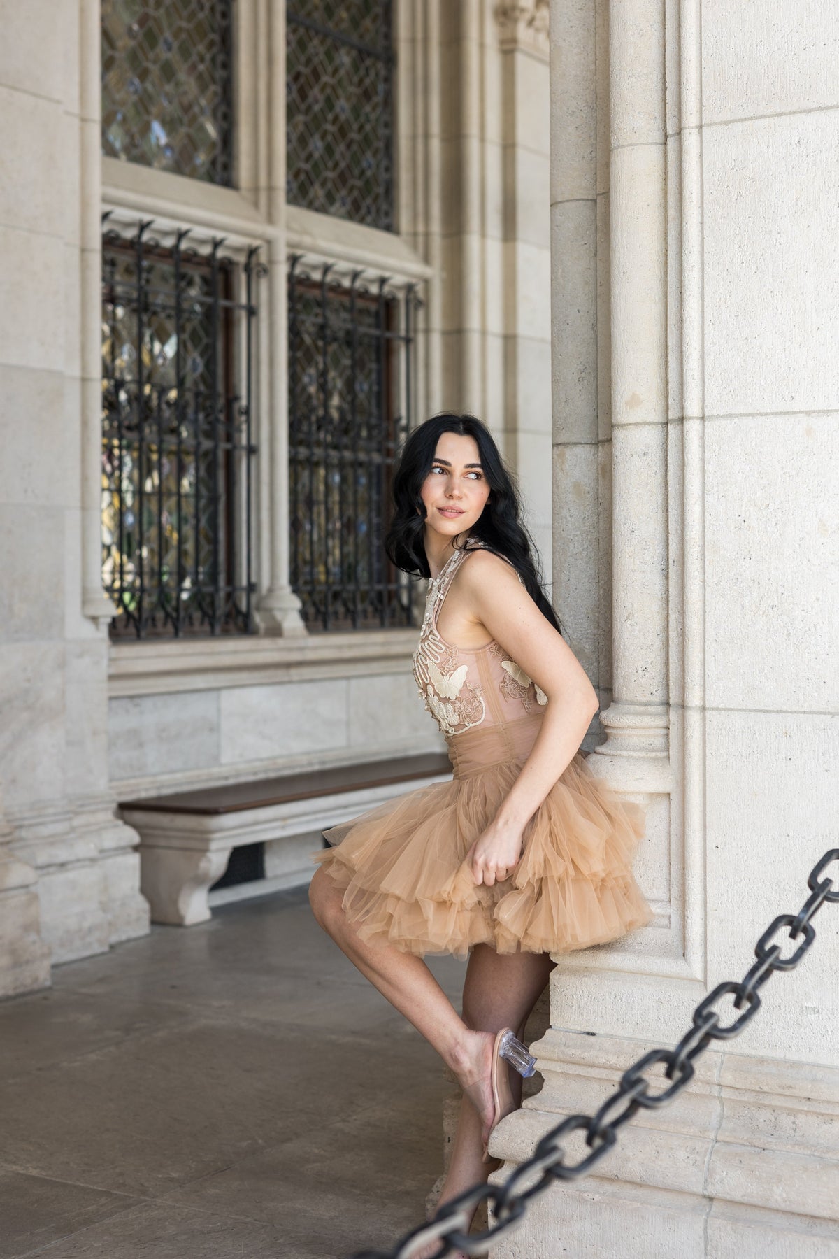 Ballerina | Beige Tulle Mini Dress With 3D Applique Flowering Girl