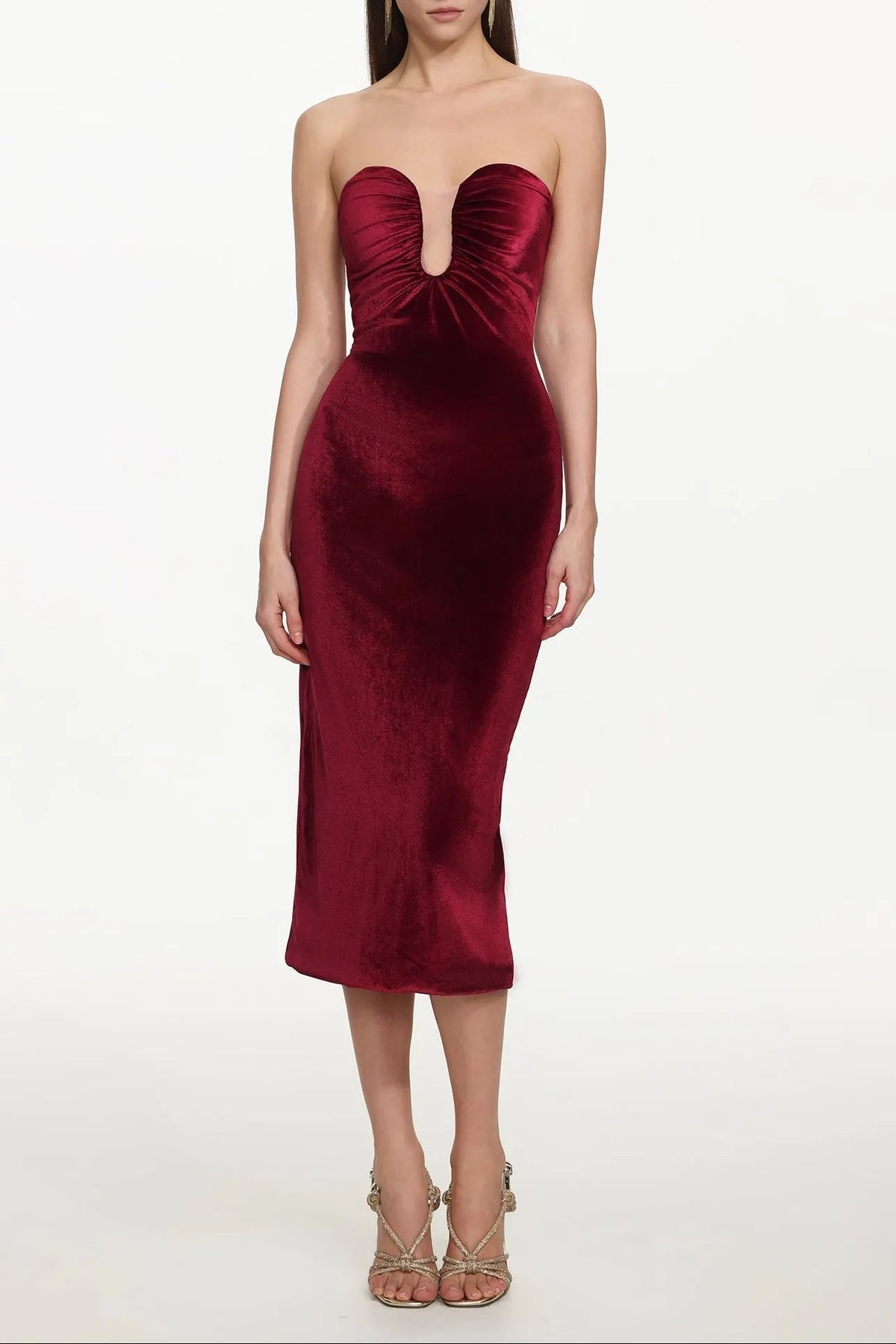 Yamia Romantic Contour Strapless Ruched Velvet Midi Dress Flowering Girl
