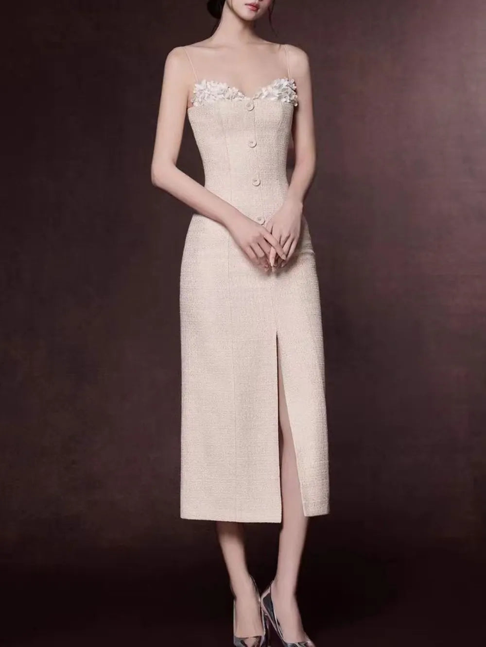 Juana Beige Strappy Slit Midi Dress Flowering Girl