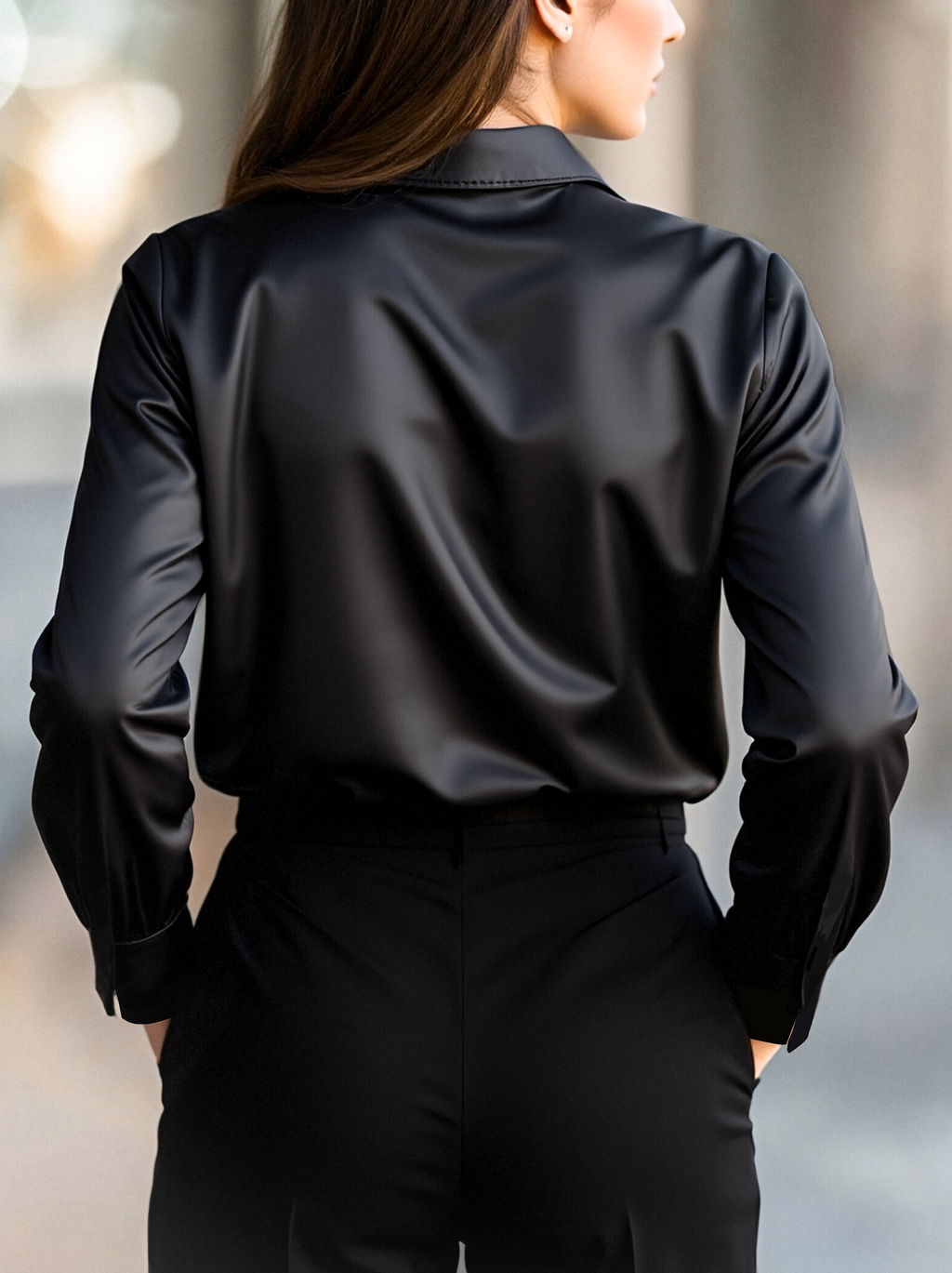 Elegant Black Satin Long Sleeves Blouse Flowering Girl