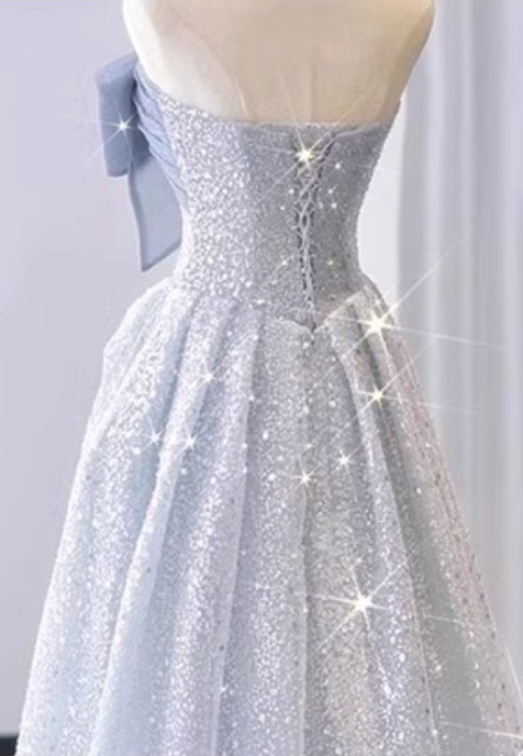 Silver-Blue Glitter Tulle A-Line Evening Gown Flowering Girl